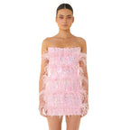 Summer  Women's Tube Top Color Sequined Feather Stitching Short Dress Party Dress aclosy