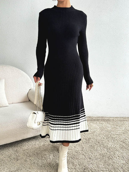 Contrast Mock Neck Long Sleeve Sweater Dress Trendsi