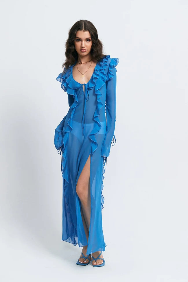 The New Women's Sexy Perspective Anti -car Edge -based Rope V -neck Open Fork Dress aclosy