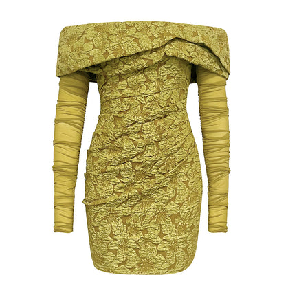 Women's Autumn And Winter New Word Collar Elegant Mesh Long Sleeve Short Dress Aclosy