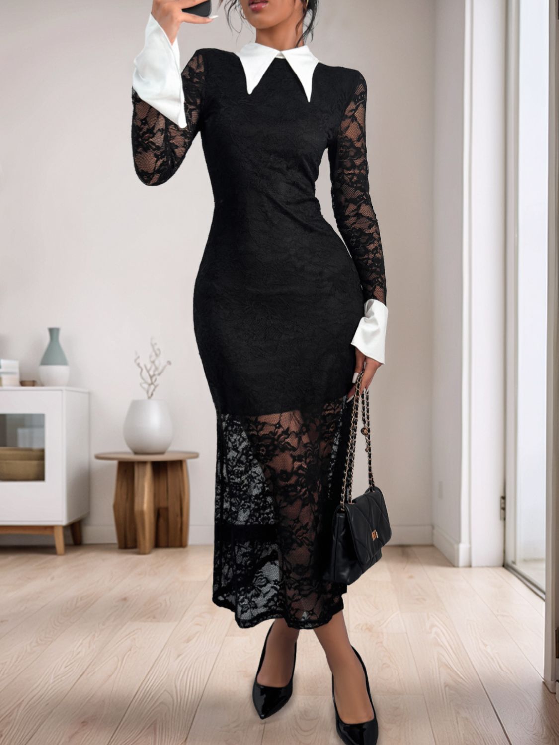 Perfee Lace Contrast Collared Neck Long Sleeve Midi Dress Trendsi