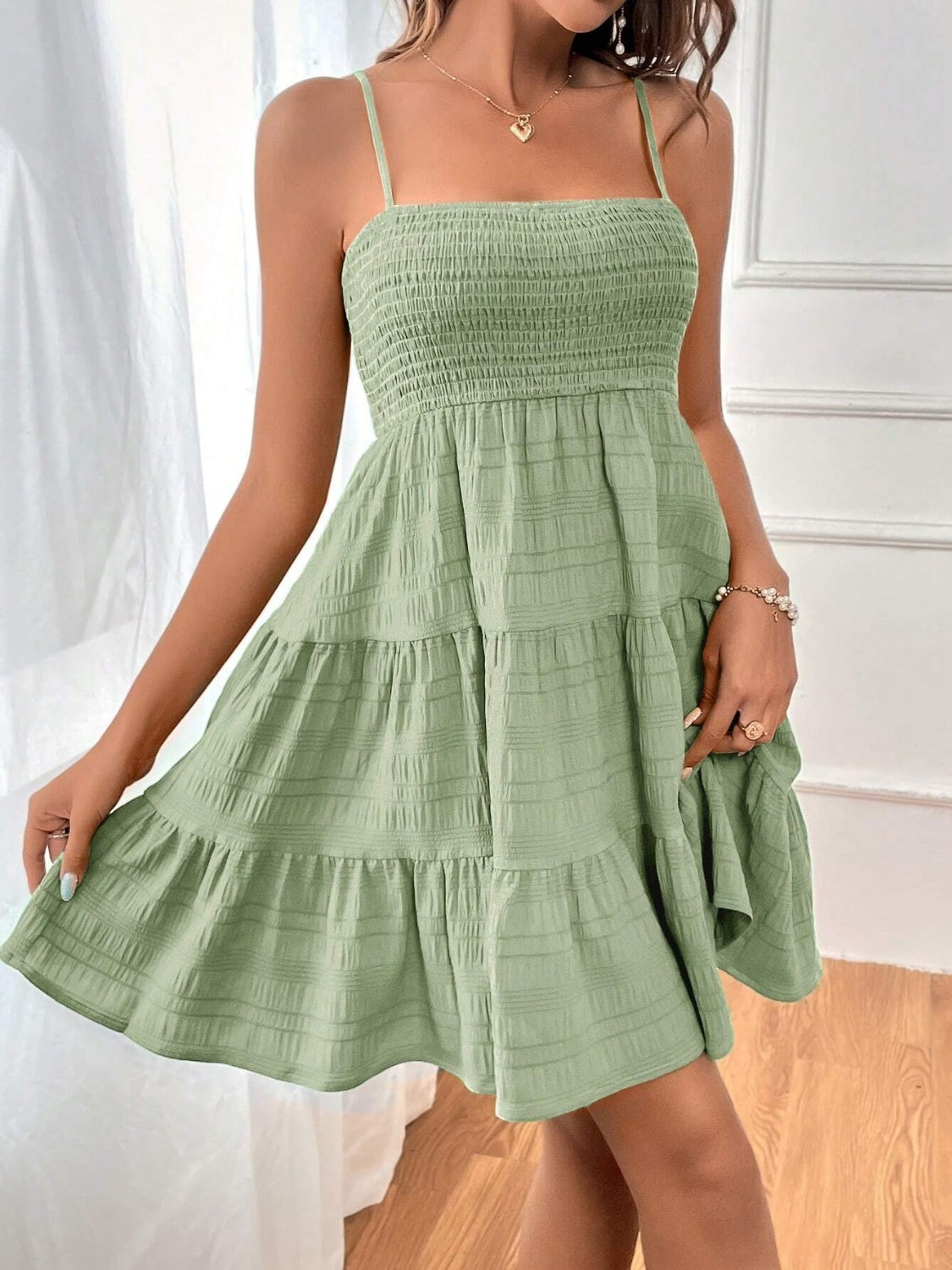 Smocked Tiered Sleeveless Mini Dress Trendsi