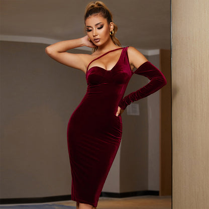 Gold Velvet Dress Host Red Carpet Party Women's Clothing aclosy