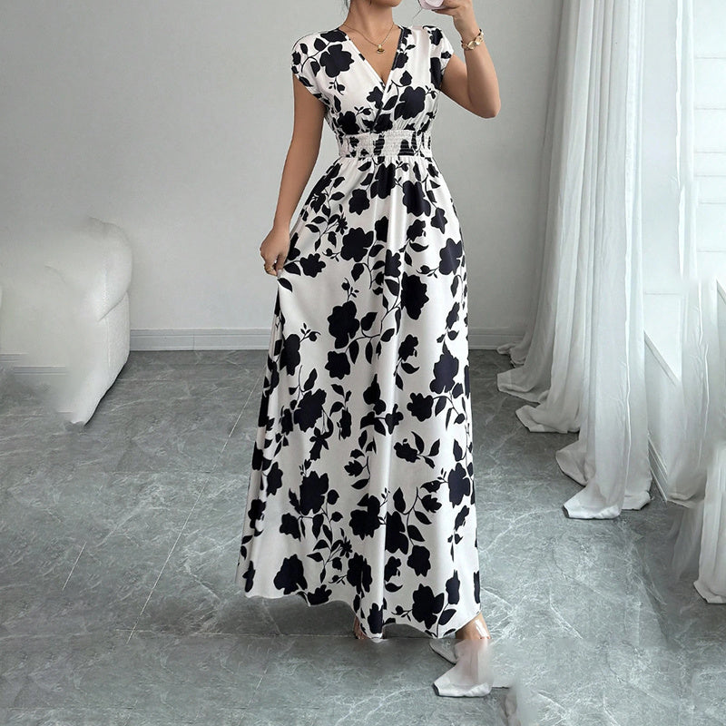 Women's Wrap V Neck Short Sleeve Empire Elastic Waist Summer Casual Elegant Maxi Long Dresses Aclosy