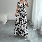 Women's Wrap V Neck Short Sleeve Empire Elastic Waist Summer Casual Elegant Maxi Long Dresses Aclosy