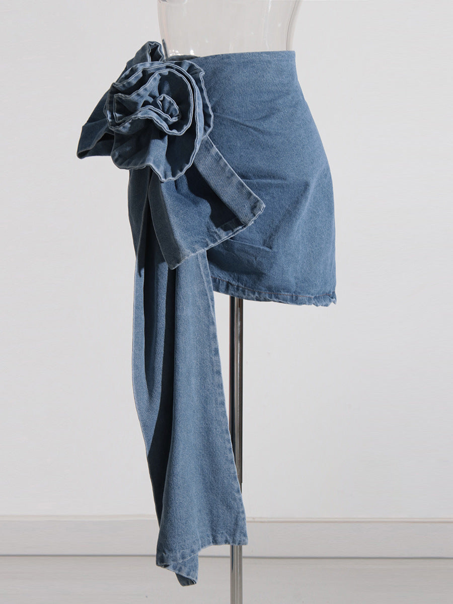 Women's Retro Blue Rose Flower Denim Skirt aclosy