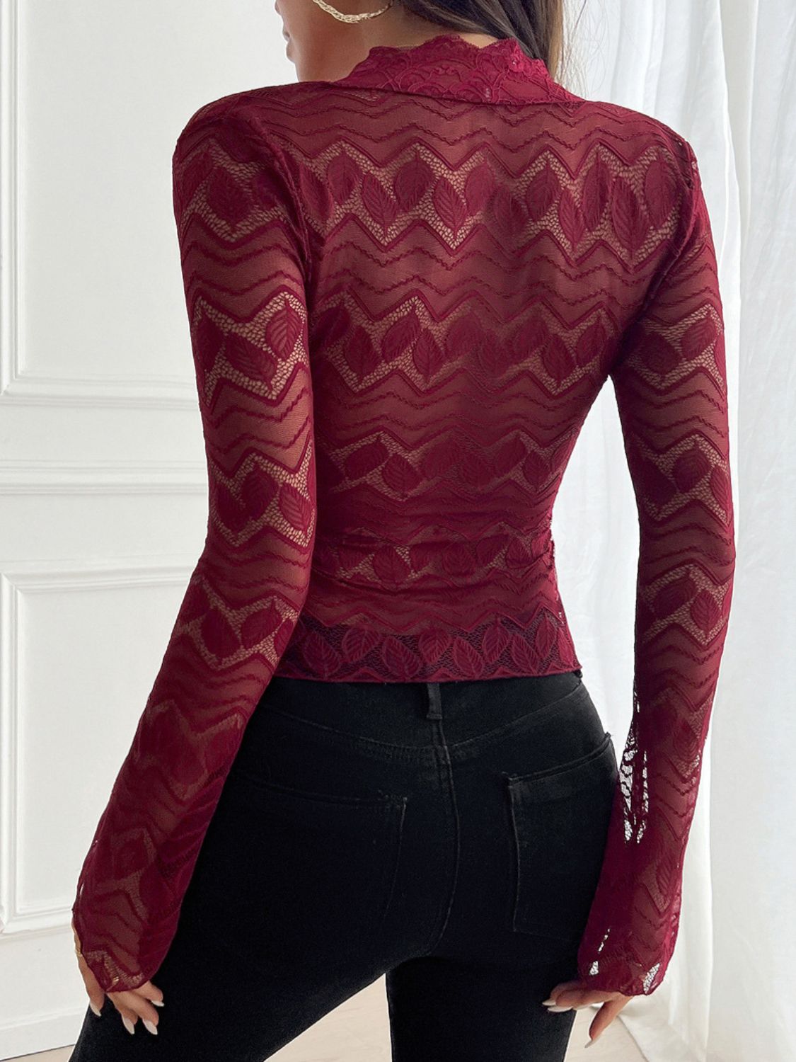 Devine Plunge Long Sleeve Lace Top Trendsi