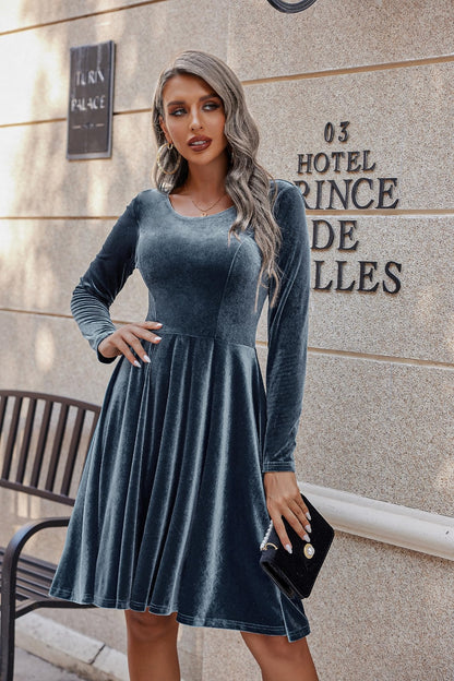 Round Neck Long Sleeve Knee Length Dress Trendsi