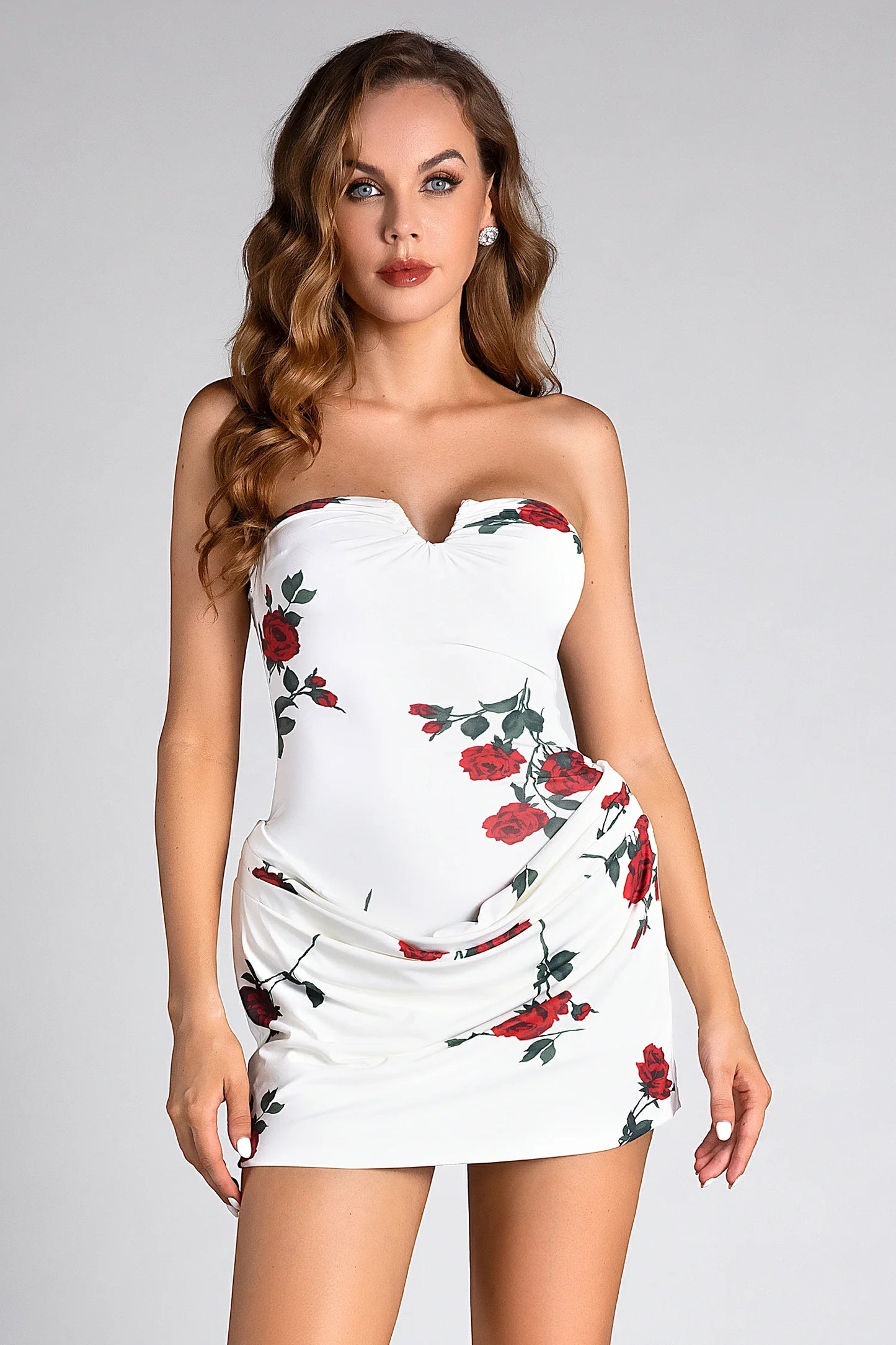 Chic Strapless Rose Mini Party Dress