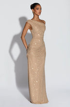 Celeste Shimmer Draped Off-Shoulder Maxi Gown