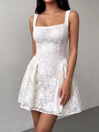 Lila floral lace square-neck mini dress