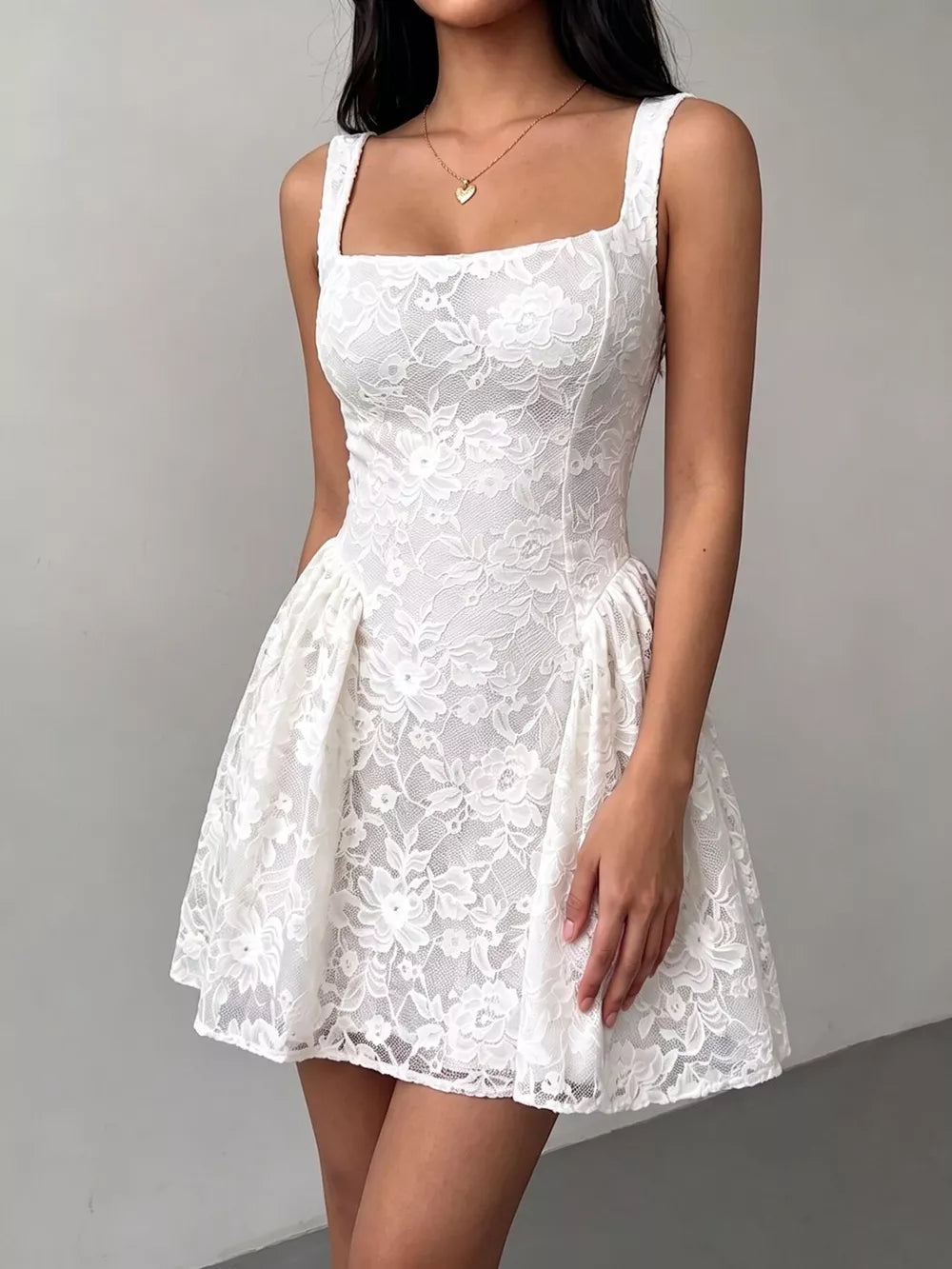 Lila floral lace square-neck mini dress