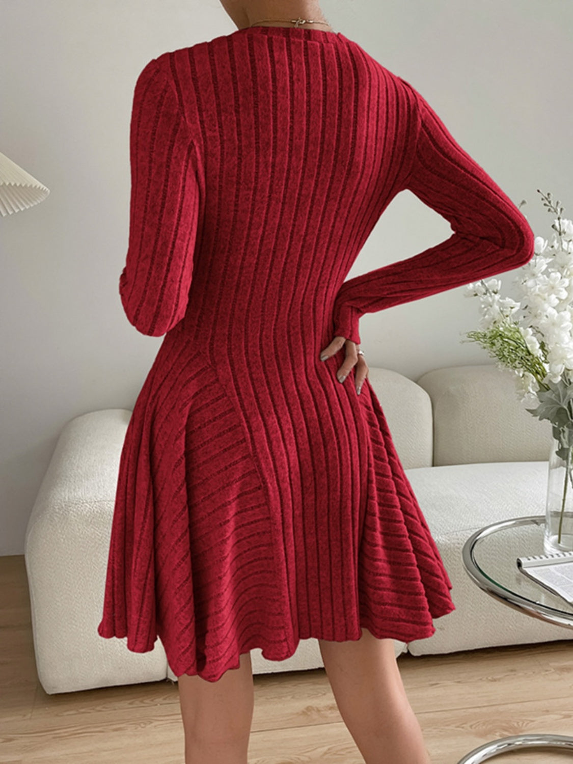 Ribbed Round Neck Long Sleeve Dress Trendsi