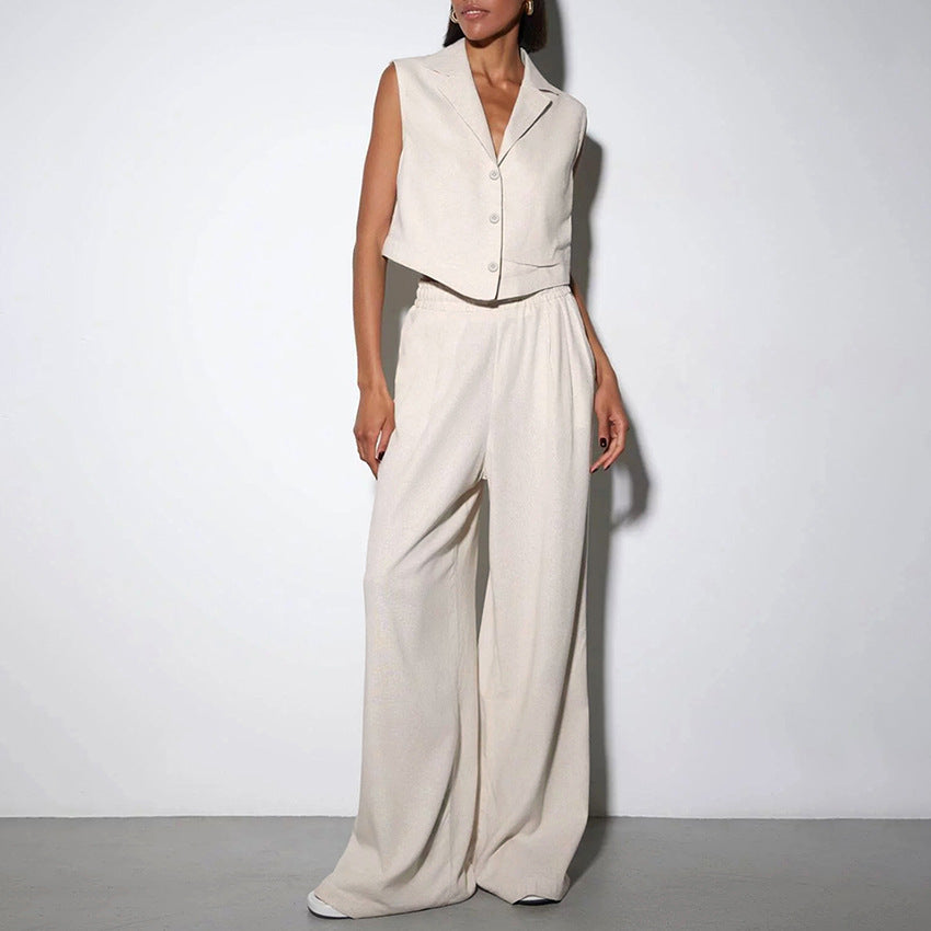 Vest High Waist Wide Leg Pants Suit Solid Color aclosy