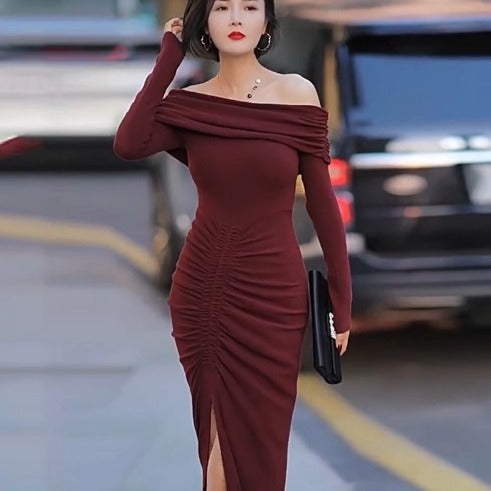 Retro Red Knitted Dress French Style Off-shoulder aclosy