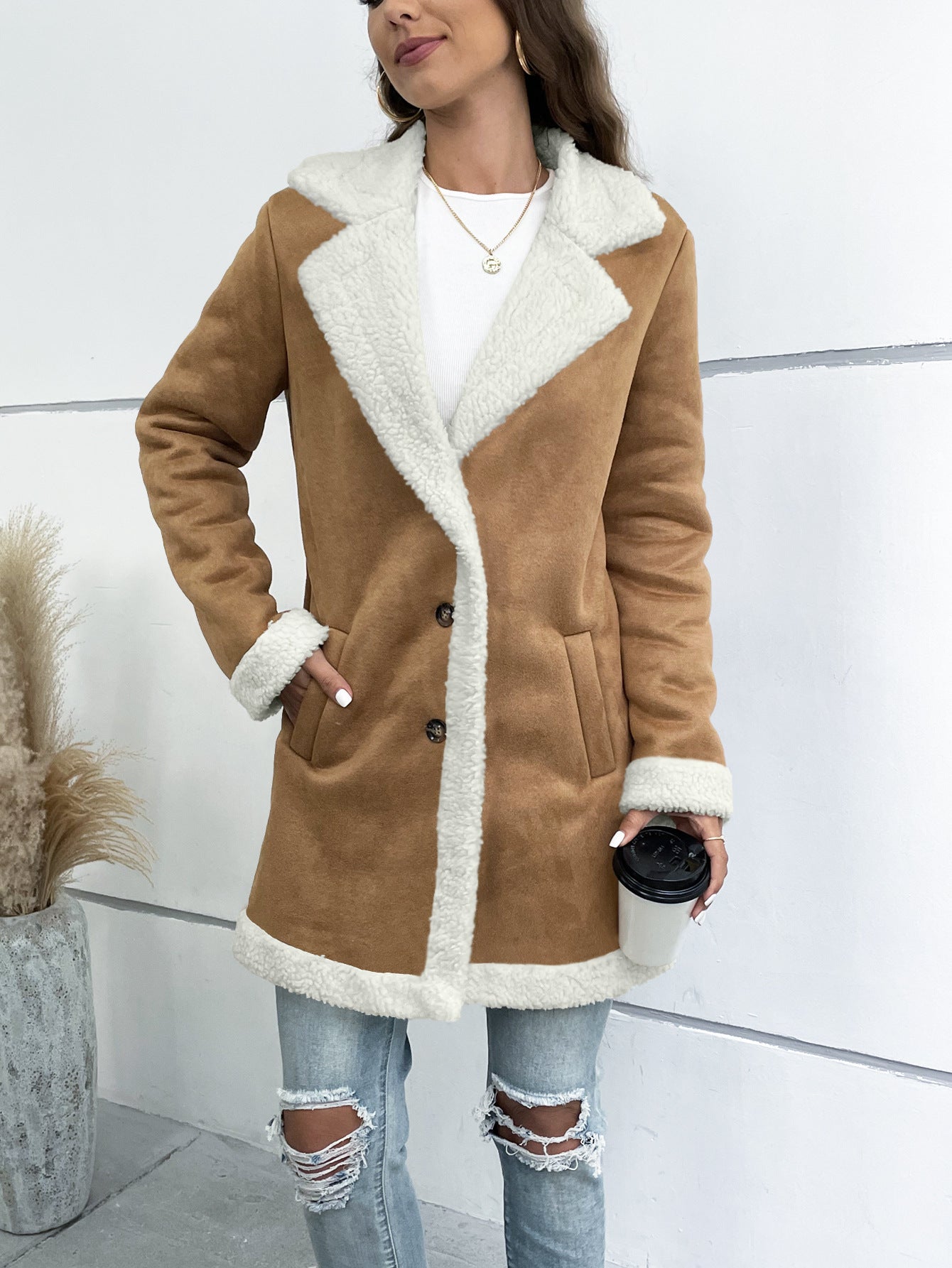 Long Sleeve Lapel Suede Elegant Woolen Coat aclosy