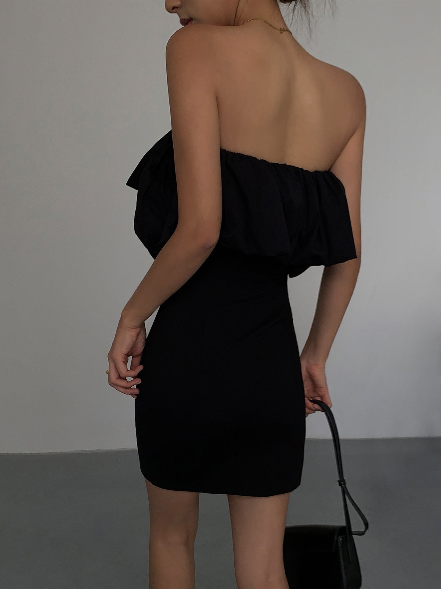 Black French Ruffle One-Shoulder Dress aclosy