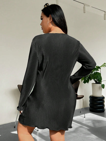 Honey Plus Size Lettuce Hem Round Neck Long Sleeve Dress Trendsi