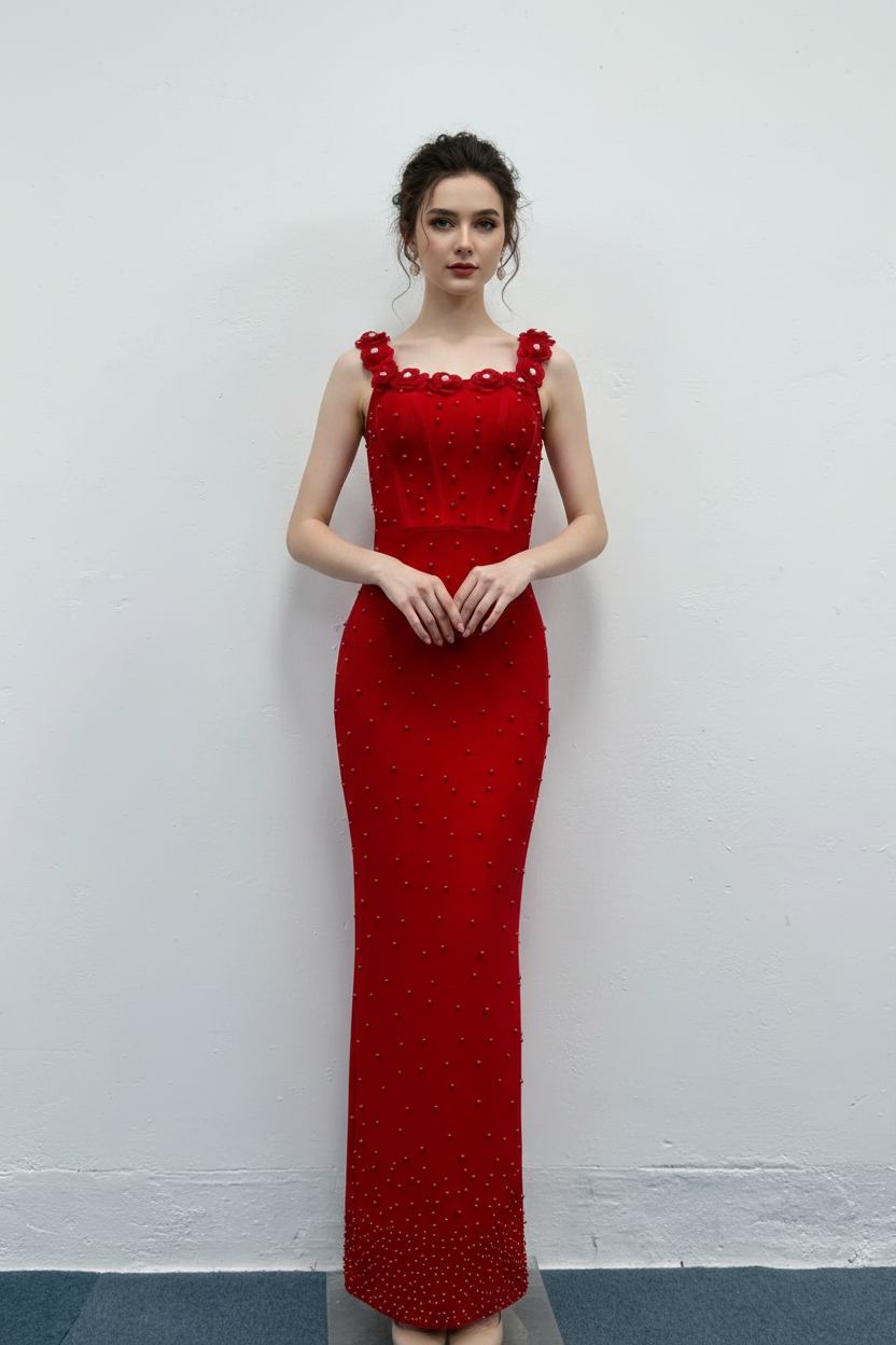 Elegant Floral Beaded Bandage Maxi Dress