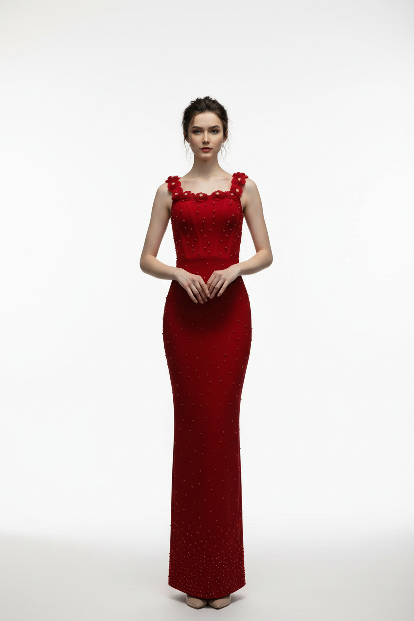 Elegant Floral Beaded Bandage Maxi Dress