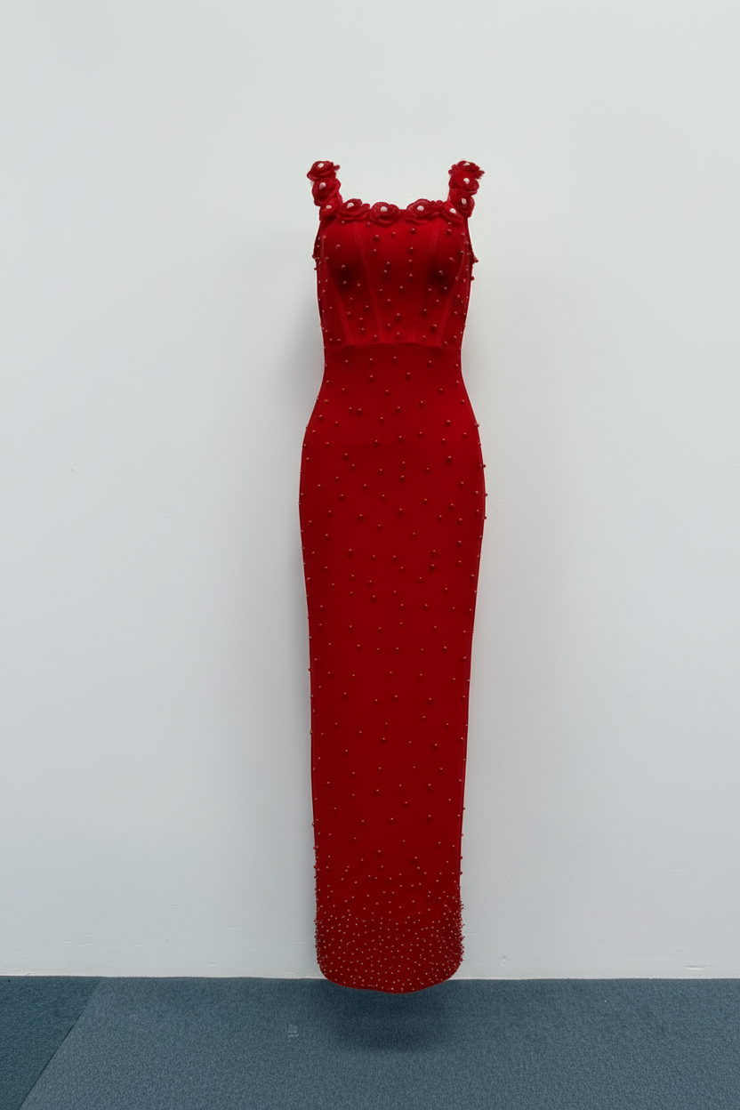 Elegant Floral Beaded Bandage Maxi Dress