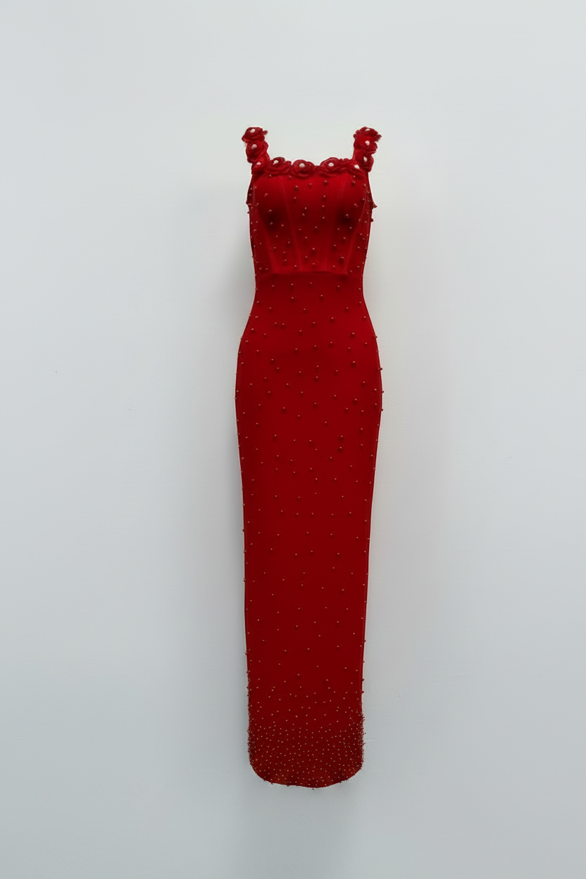 Elegant Floral Beaded Bandage Maxi Dress