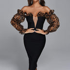 Leopard Print Dress European And American Sexy Off-the-shoulder Puff Sleeves Elegant Dress Black Bandage Dress aclosy