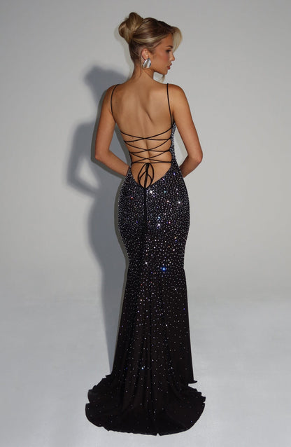 ALEKA ELEGANT BACKLESS RHINESTONE MAXI DRESS