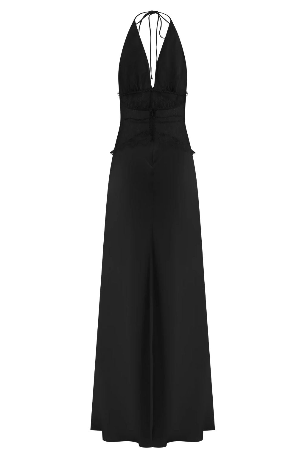 Aesha Backless Halter Dress with Deep V Neck, Satin Patchwork