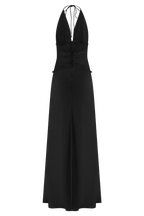 Aesha Backless Halter Dress with Deep V Neck, Satin Patchwork