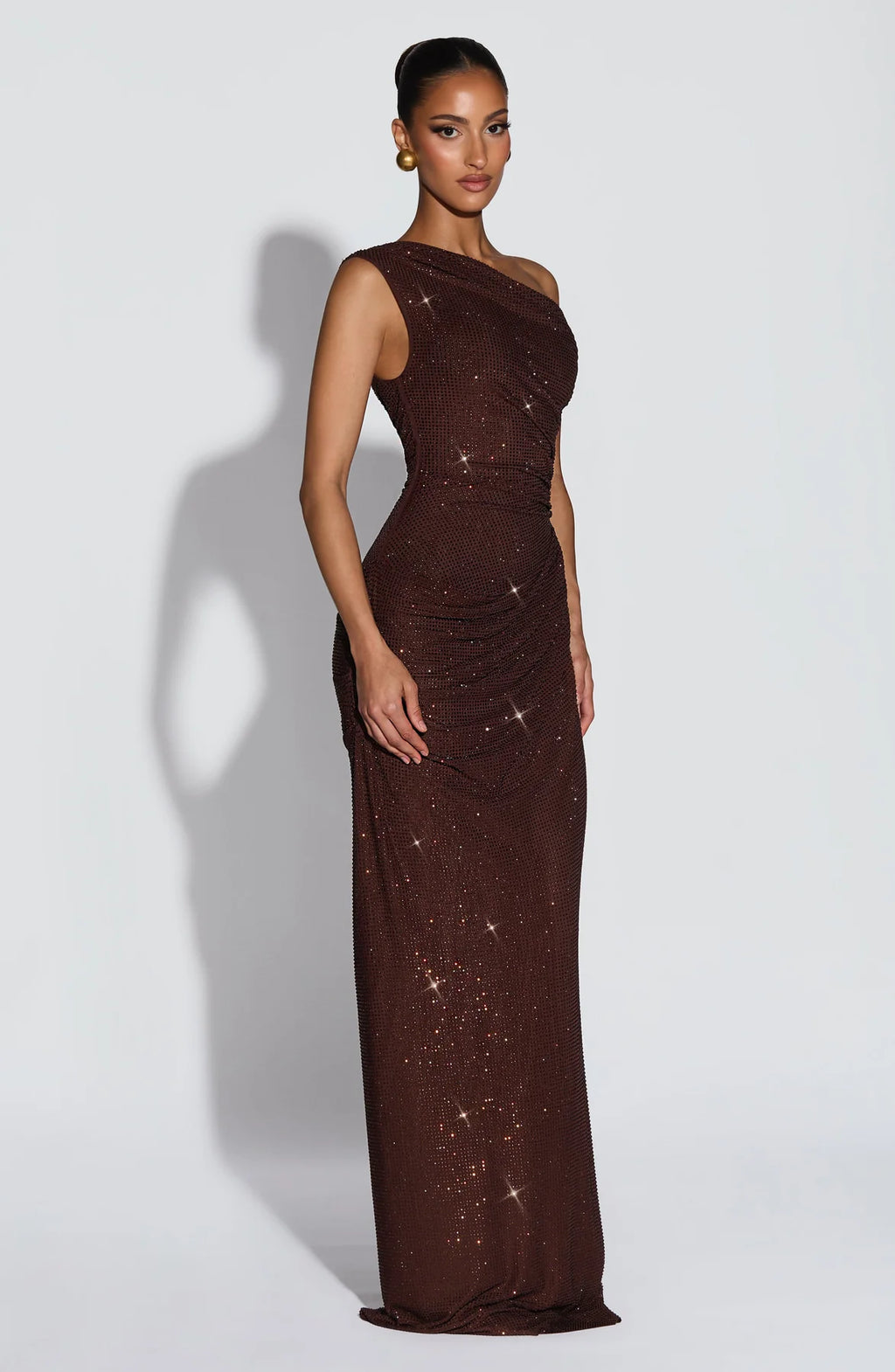 Celeste Shimmer Draped Off-Shoulder Maxi Gown