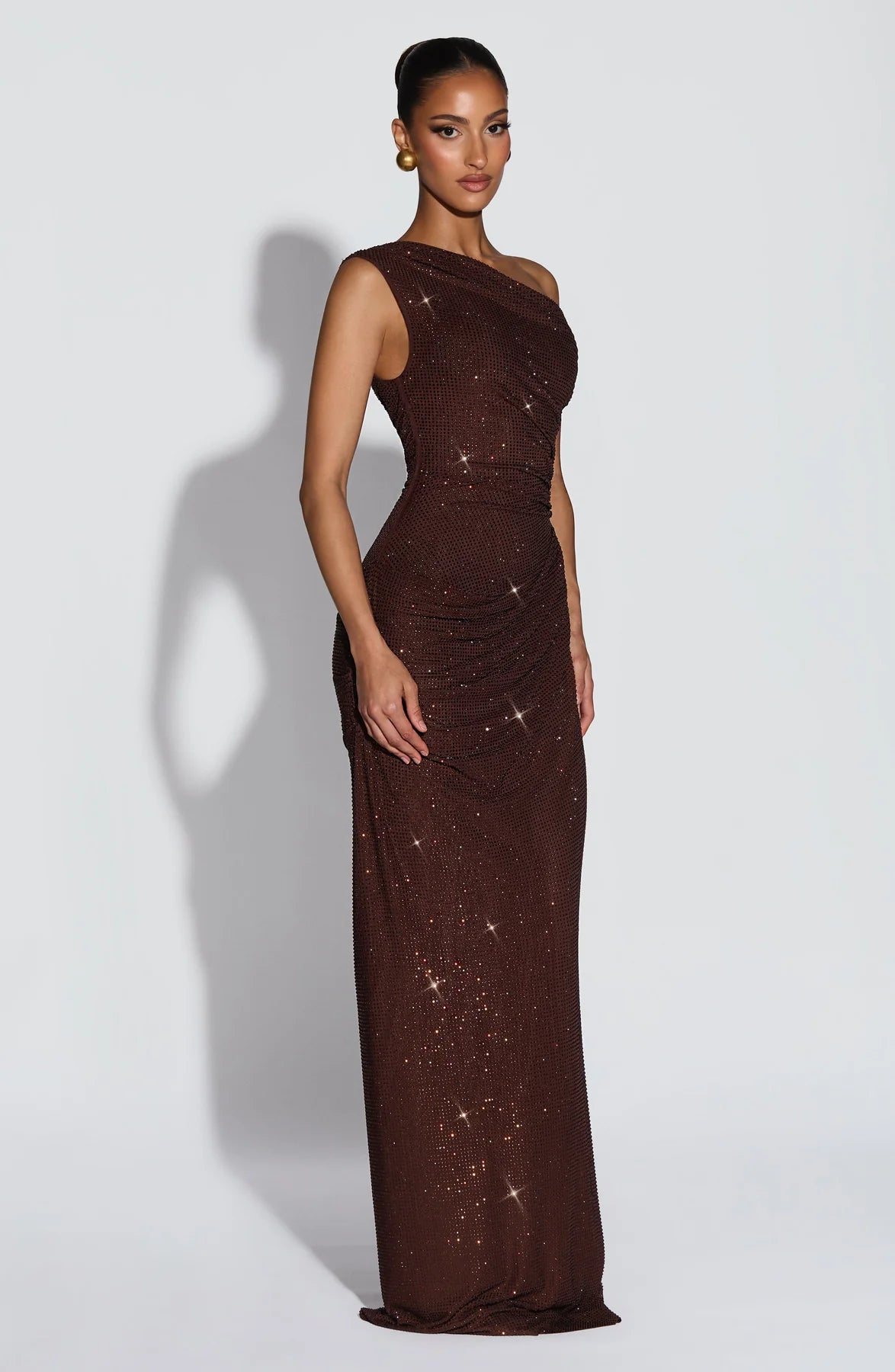 Celeste Shimmer Draped Off-Shoulder Maxi Gown