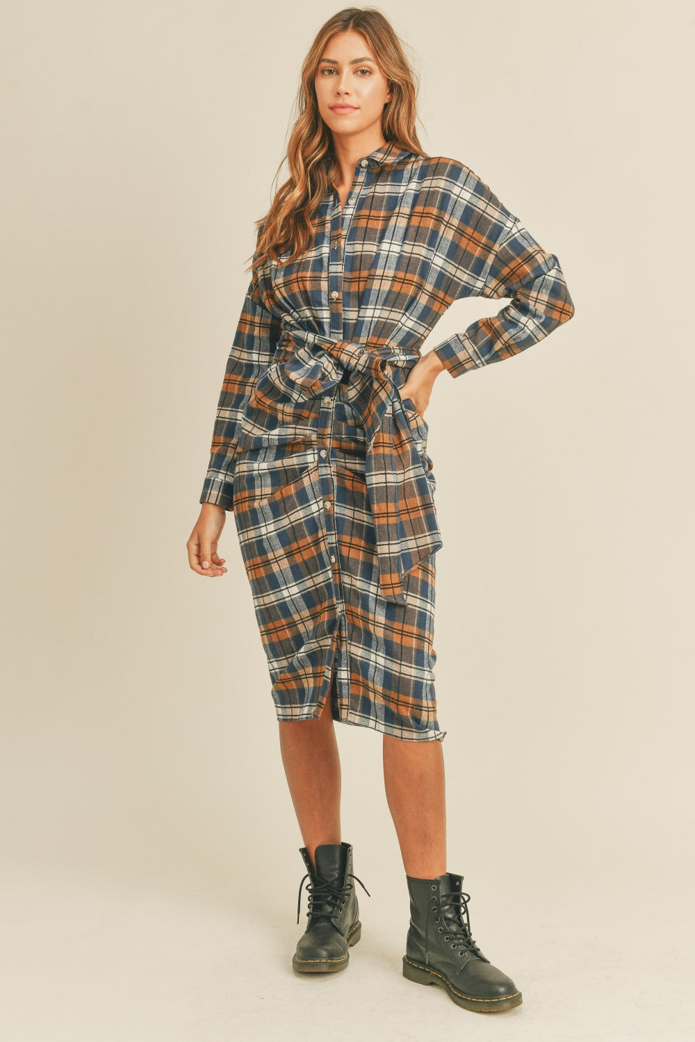 Mable Plaid Flannel Front Tie Button Down Shirt Dress Trendsi