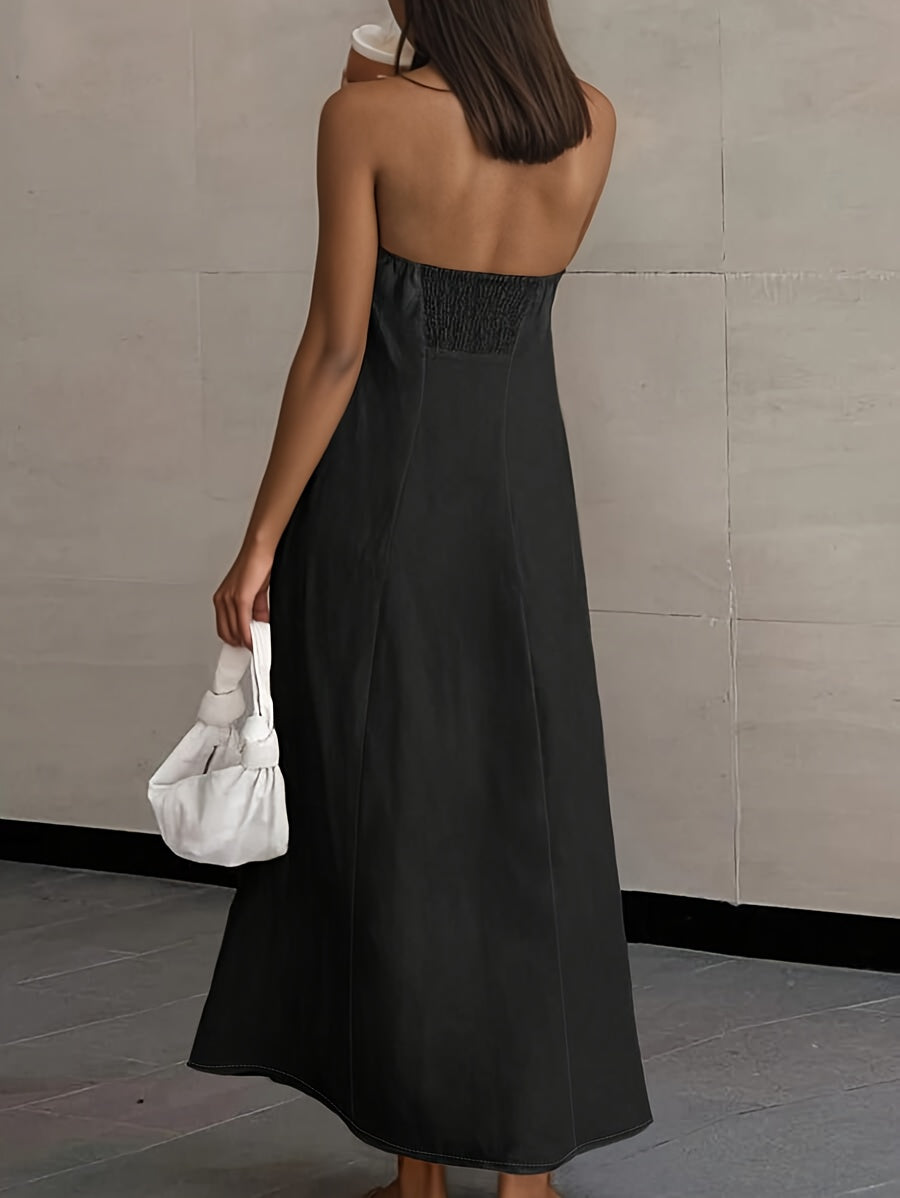 Linen High-Waisted Backless Patchwork Pocket Dress
