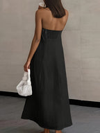 Linen High-Waisted Backless Patchwork Pocket Dress