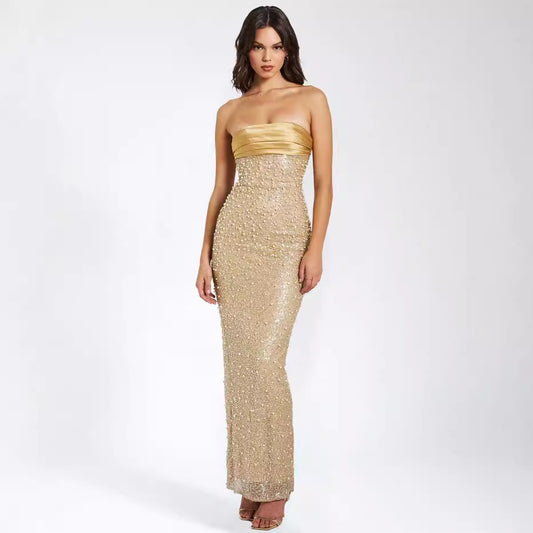 Elegant Sequins Beads Light Luxury Sleeveless Tube Top Dress aclosy