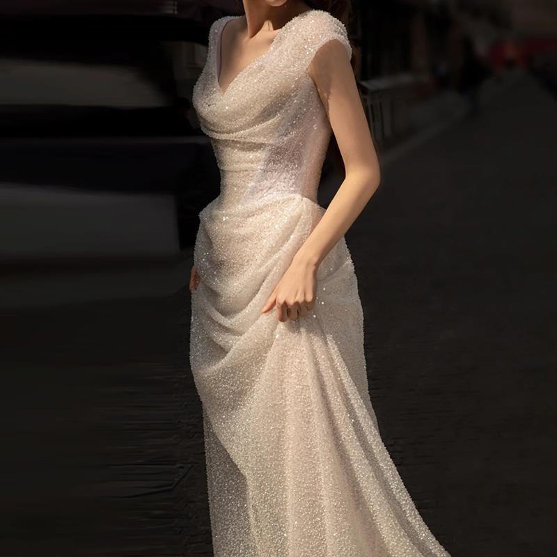 Bridal Hepburn Style Wedding Veil Trailing Off-shoulder Evening Dress Aclosy