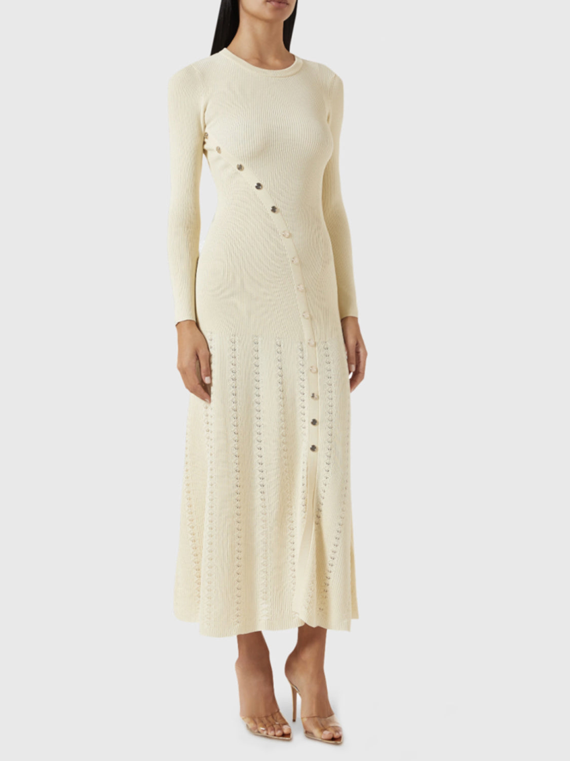 Openwork Round Neck Long Sleeve Sweater Dress Trendsi