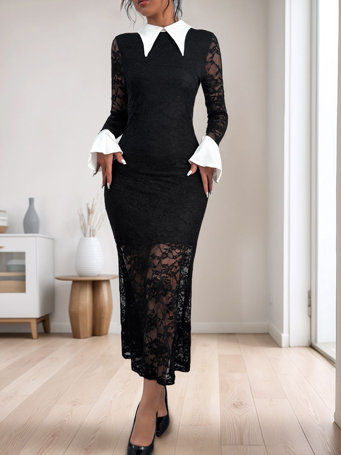 Perfee Lace Contrast Collared Neck Long Sleeve Midi Dress Trendsi