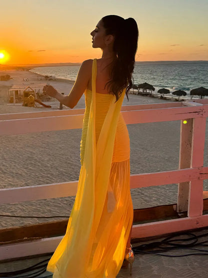 Maliya Halter Mesh Slit Maxi Dress