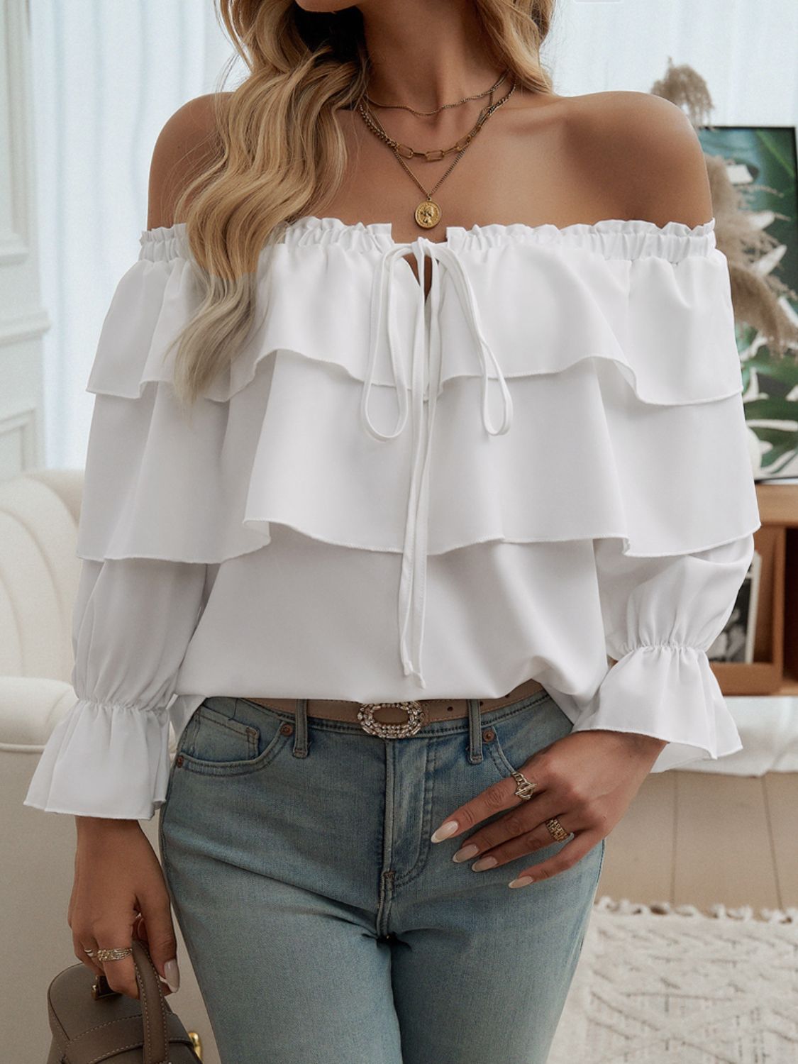 Devine Off-Shoulder Flounce Sleeve Blouse Trendsi