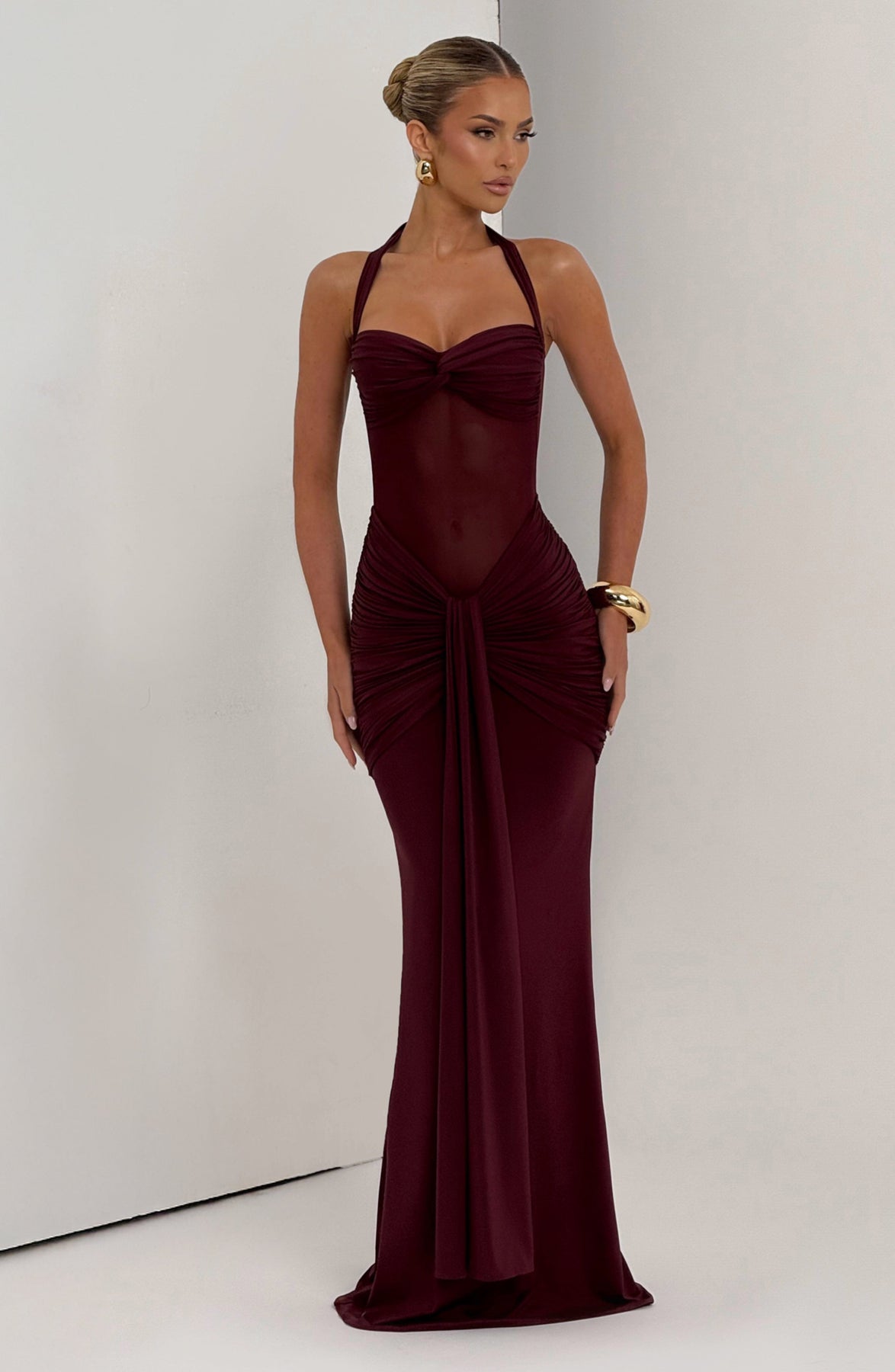 Halter Neck Backless Ruched Maxi Dress