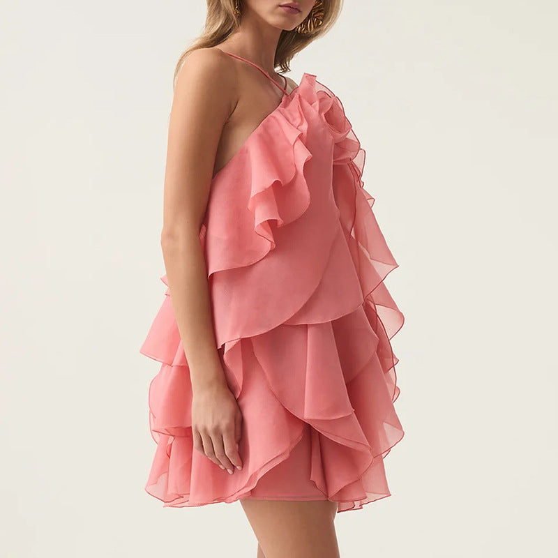 Halter flower lace-up sleeveless mini dress