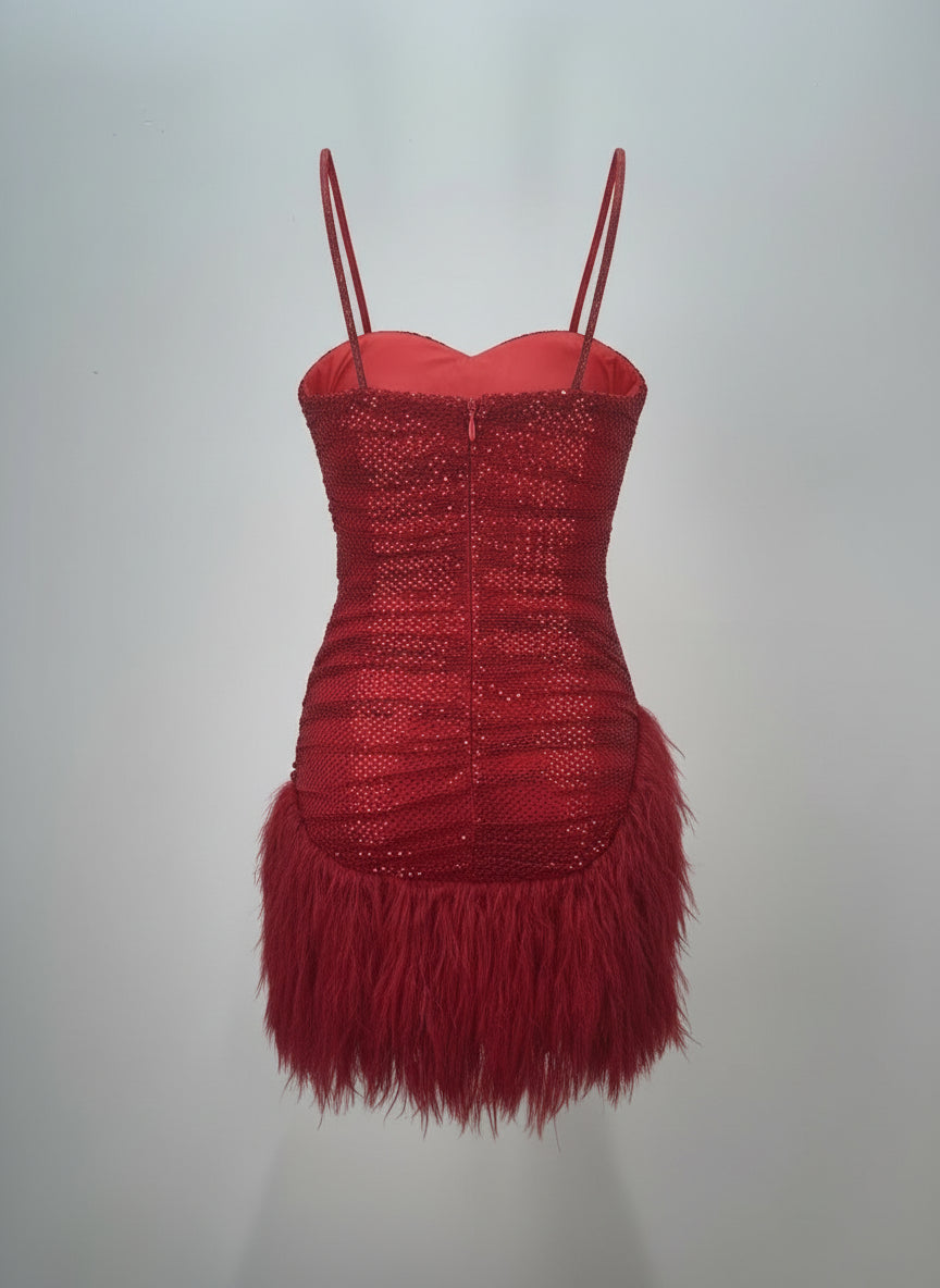 Red Sequin Feather Mini Dress – Luxury Party Style
