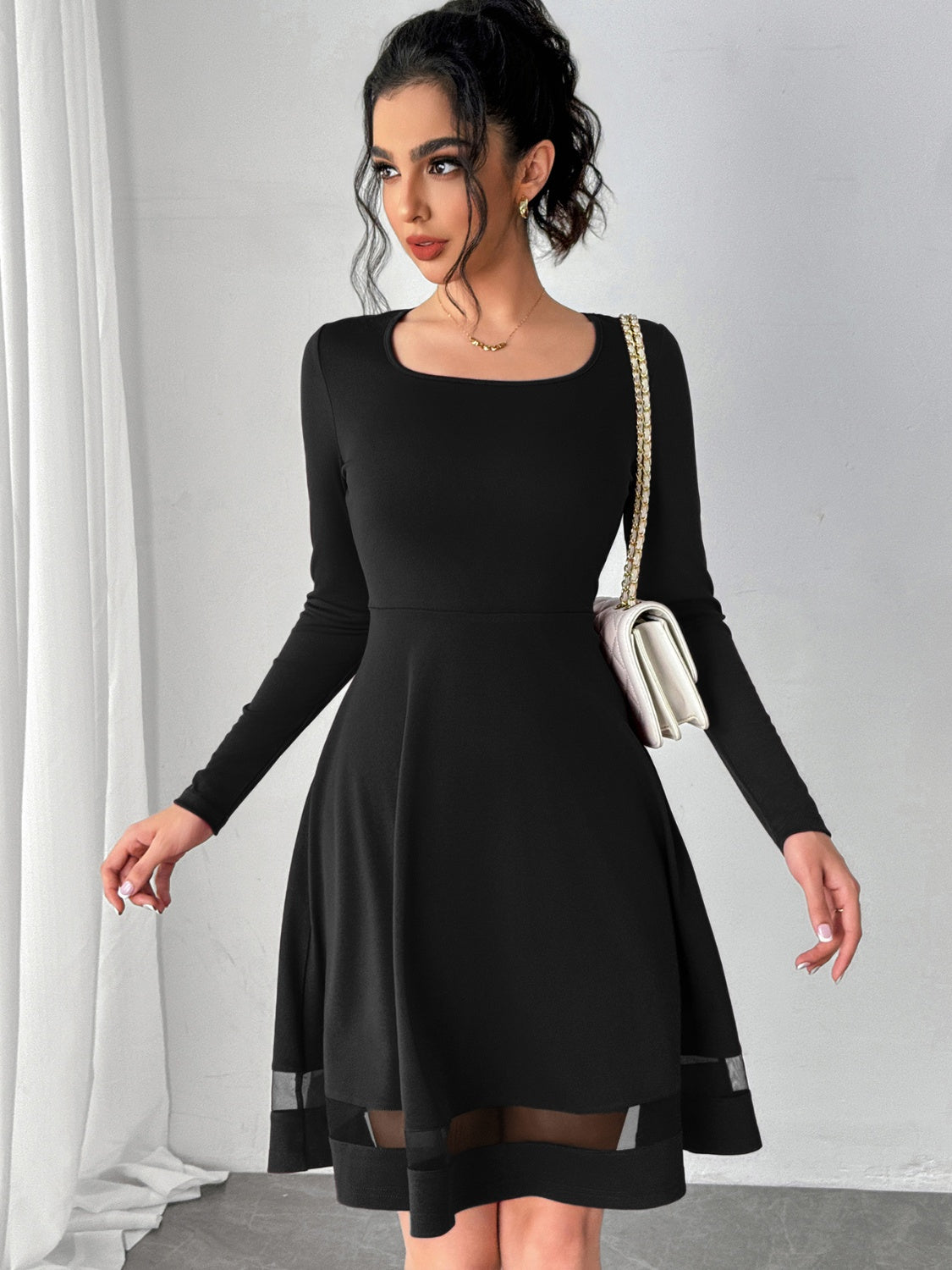 Square Neck Long Sleeve Mini Dress Trendsi