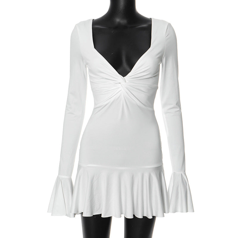 Akaila Low Cut Long Sleeve Ruffled Mini Dress