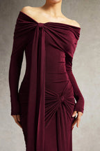 Chic Off-shoulder Long Sleeves Streamer Folds Maxi Dress