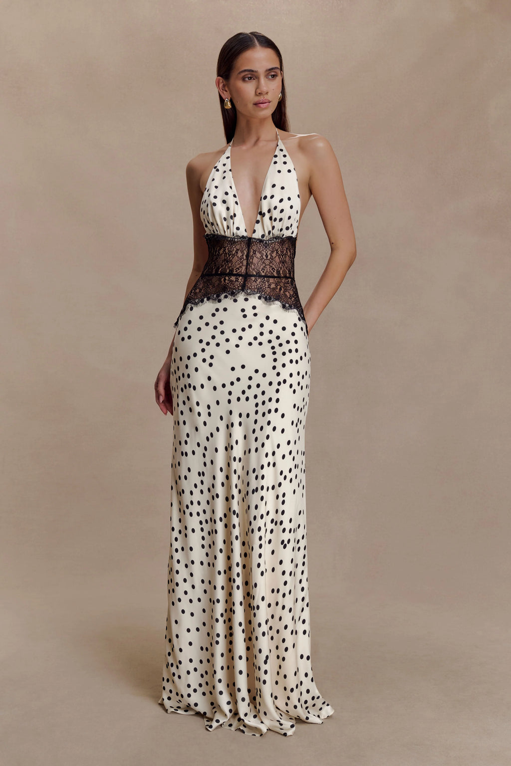 Aesha Backless Halter Dress with Deep V Neck, Satin Patchwork