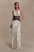 Aesha Backless Halter Dress with Deep V Neck, Satin Patchwork