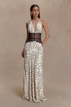 Aesha Backless Halter Dress with Deep V Neck, Satin Patchwork